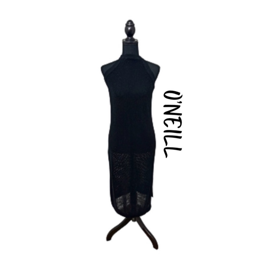 O’Neill Black Knit Fishnet Cover Up Beach Bodycon Dress sz M Sleeveless Midi